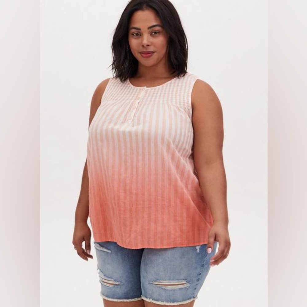 Torrid Cotton Smocked Henley Tank Ivory to Coral Ombré Half Button Blouse Sz 1X